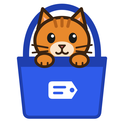 Catify's logo: a reddish-brown cat looking up from a blue shopping bag with a price tag.