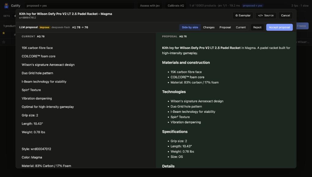 Popup with the current description on the left and the suggestion on the right, AQ 78 and 76.