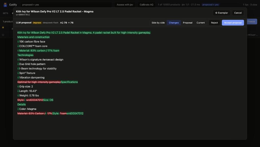 The Changes tab with deleted text marked in red and new text in green.