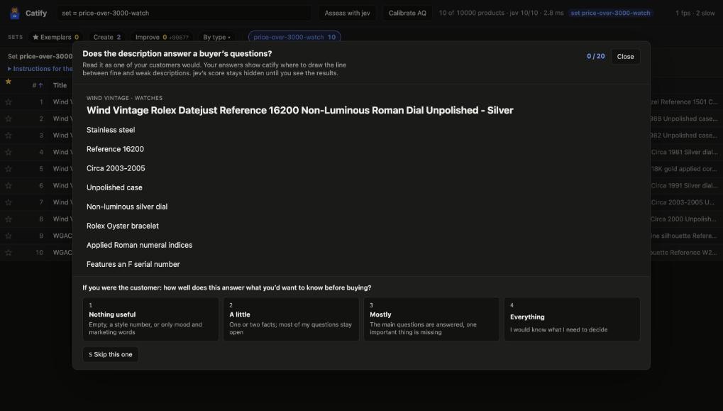 The calibration view with a watch description and four answer buttons from Nothing useful to Everything.