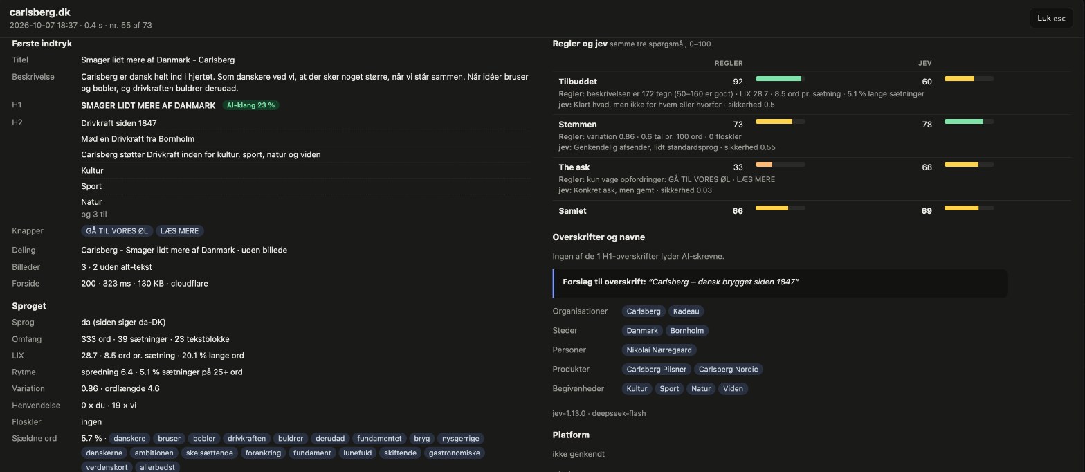 Splash-rapporten for carlsberg.dk: knapperne GÅ TIL VORES ØL og LÆS MERE, og jev med sikkerhed 0,03 på the ask