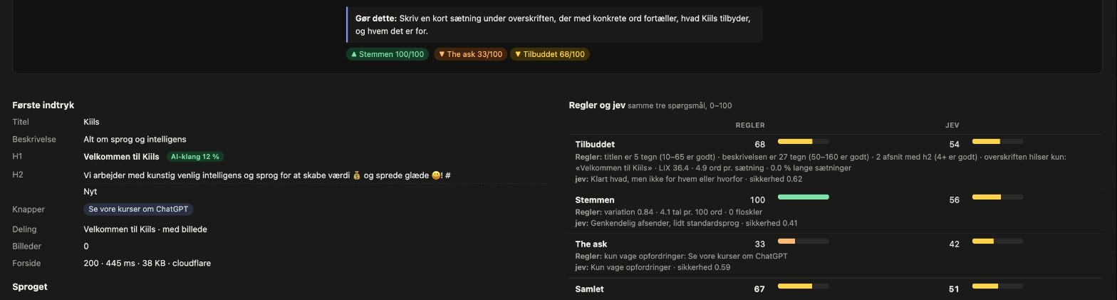 Splash-rapporten for kiils.dk: overskriften hilser kun med Velkommen til Kiils, regler 67 og jev 51