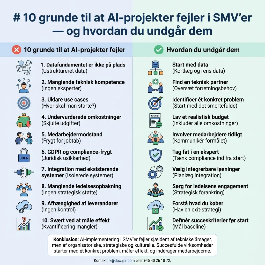 10 grunde til at AI-projekter fejler i SMV'er — og hvordan du undgår dem